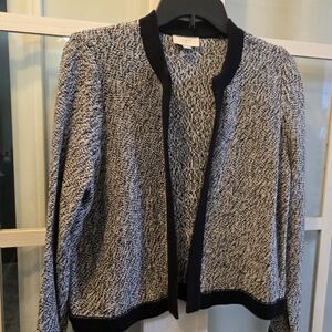 LOFT Black and White Textured Cardigan with Ribbed Trim